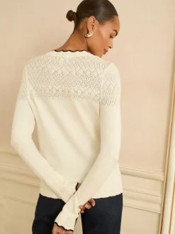 Love & Roses Ivory and Black Scallop Knitted Cardigan