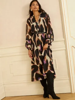 Love & Roses Ivory Animal PU Trim Midi Dress