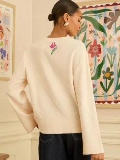 Love & Roses Ivory Embroidered Detail Knitted Jumper