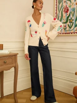 Love & Roses Ivory Embroidered Knitted Cardigan