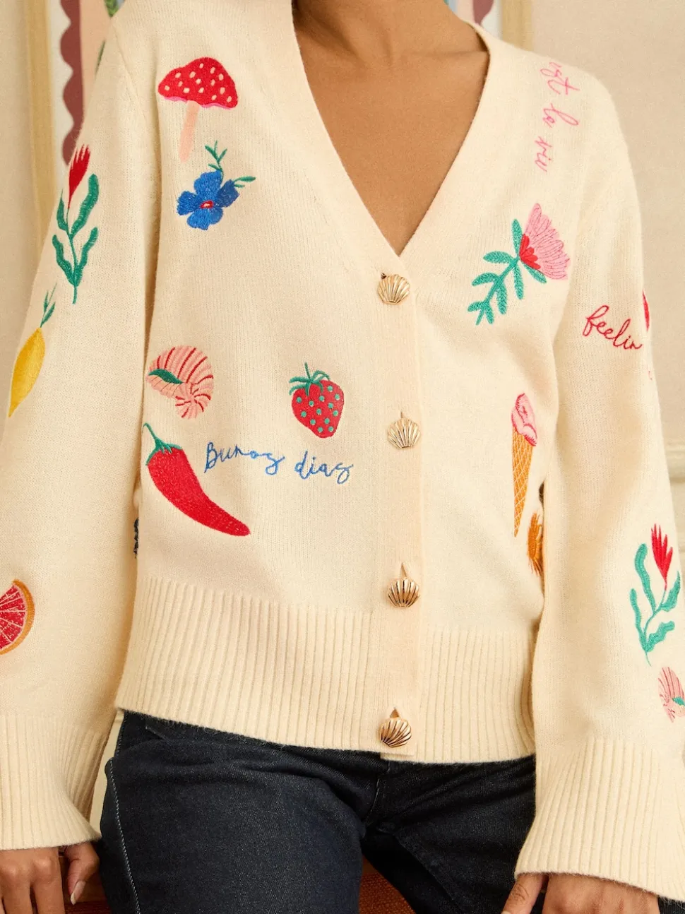 Love & Roses Ivory Embroidered Knitted Cardigan