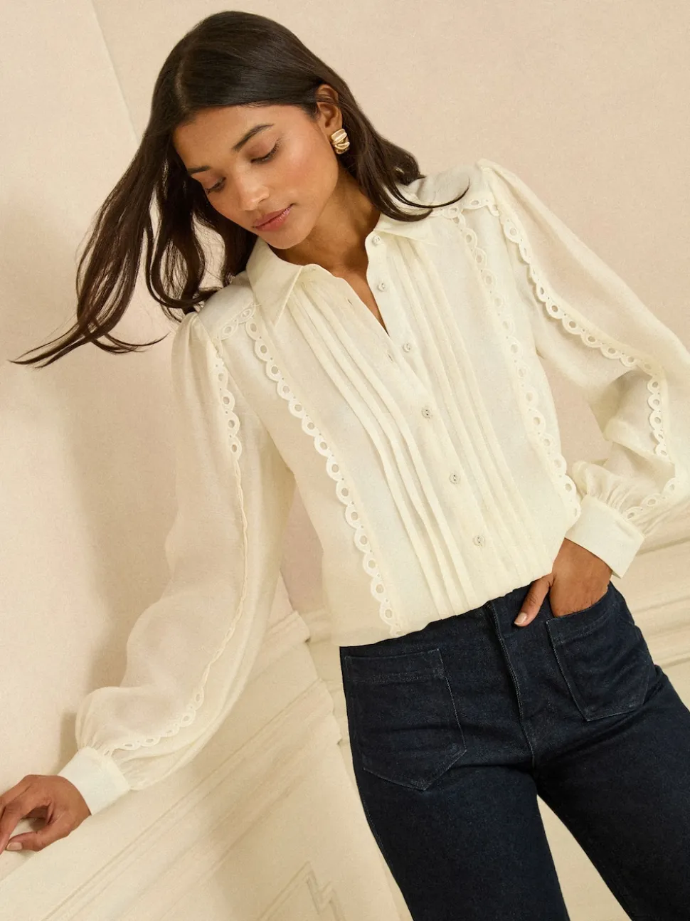 Love & Roses Ivory Petite Long Sleeve Button Through Lace Trim Shirt