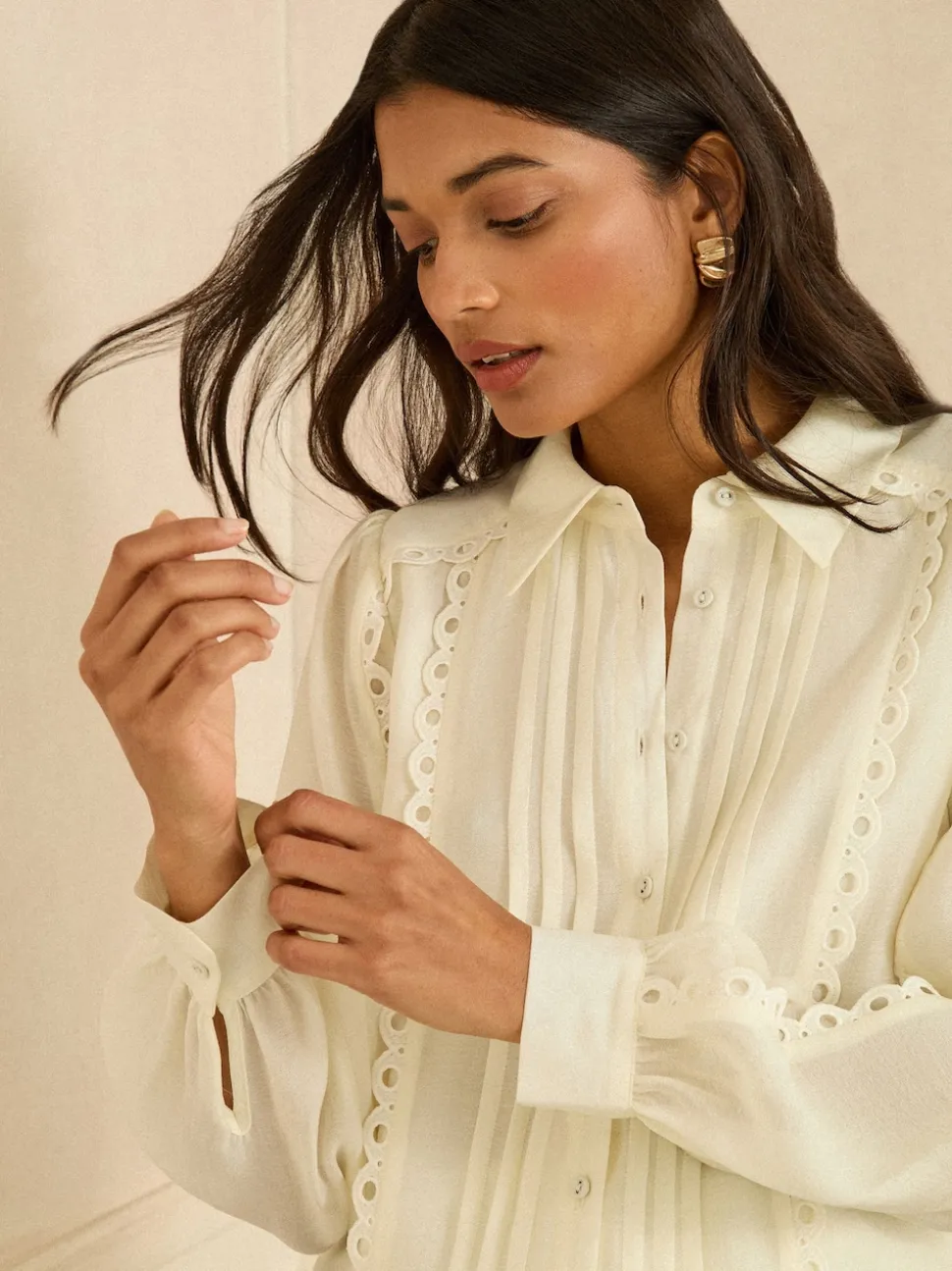Love & Roses Ivory Petite Long Sleeve Button Through Lace Trim Shirt