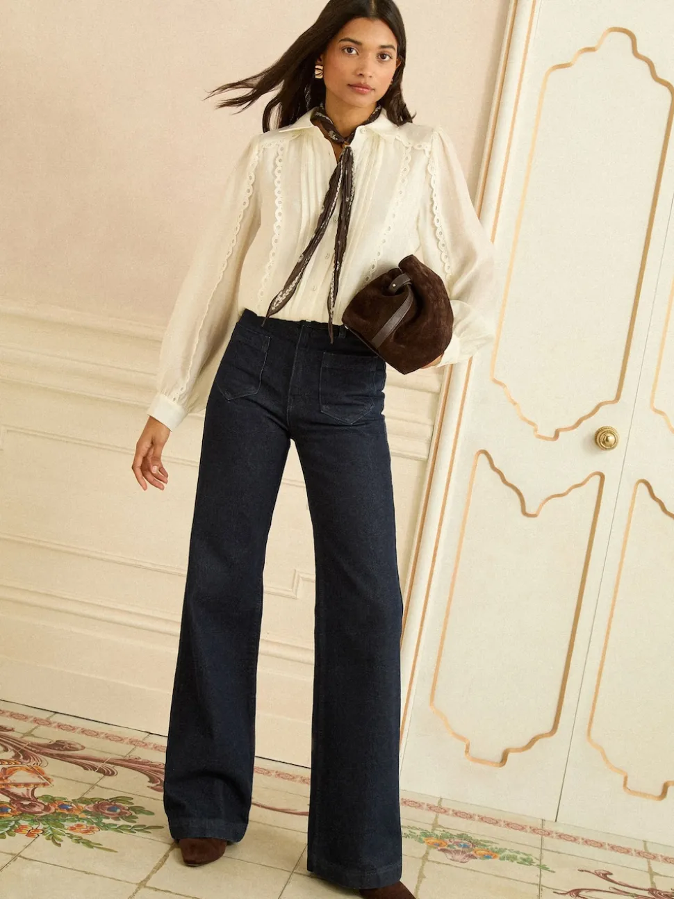 Love & Roses Ivory Petite Long Sleeve Button Through Lace Trim Shirt