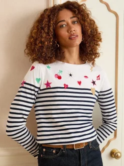 Love & Roses Ivory Stripe Embroidered Top