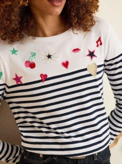 Love & Roses Ivory Stripe Embroidered Top