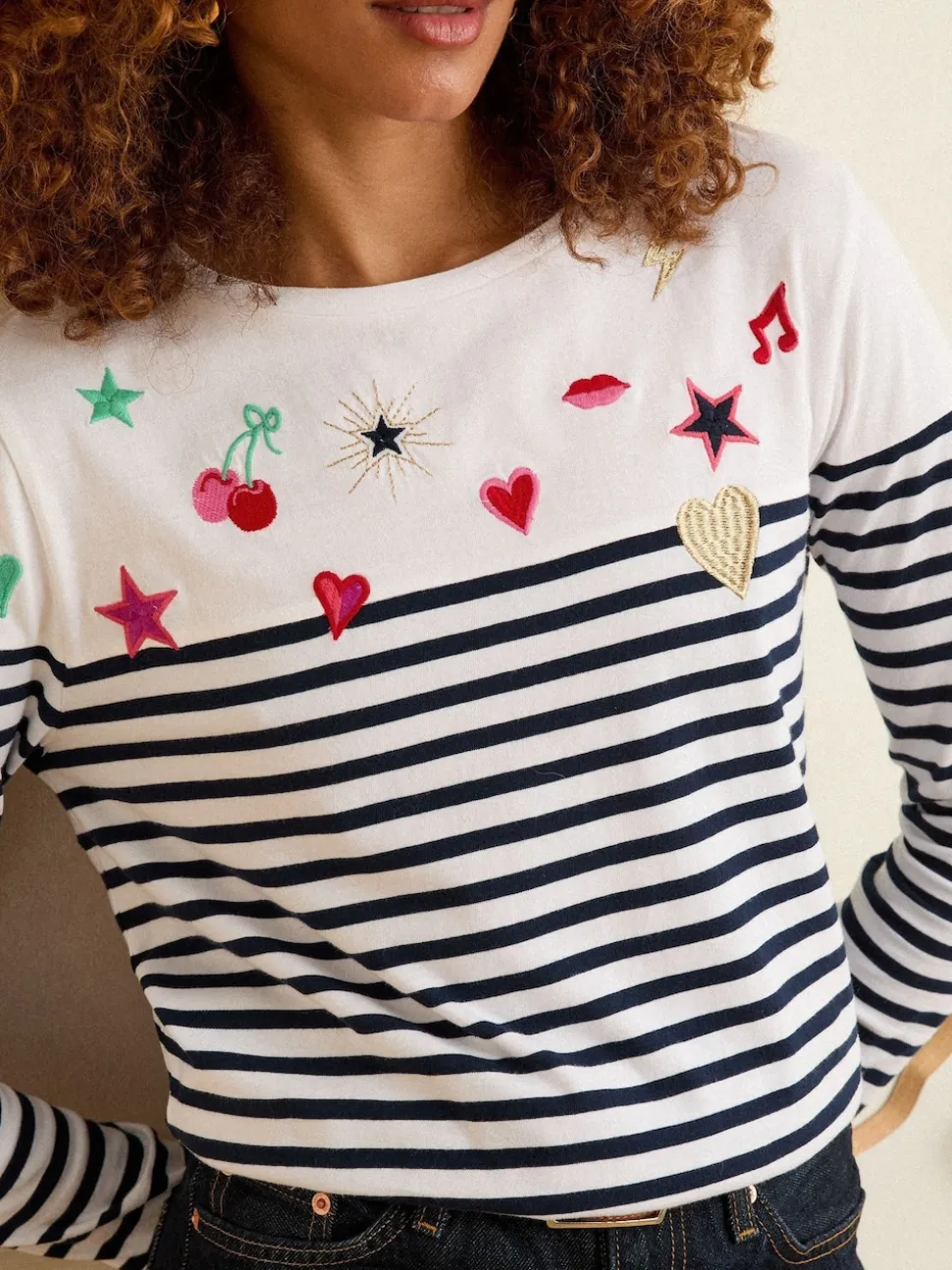 Love & Roses Ivory Stripe Embroidered Top