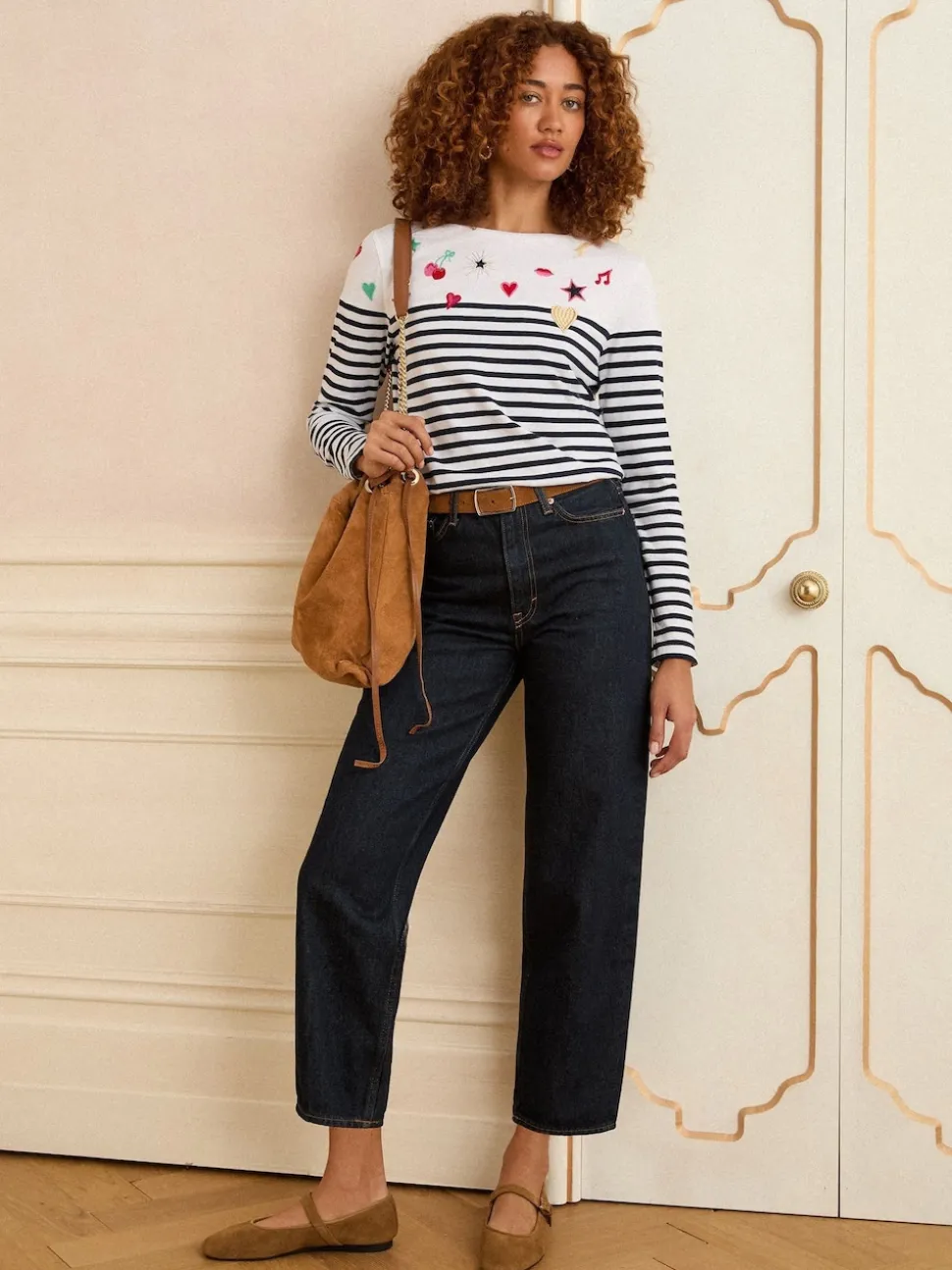 Love & Roses Ivory Stripe Embroidered Top