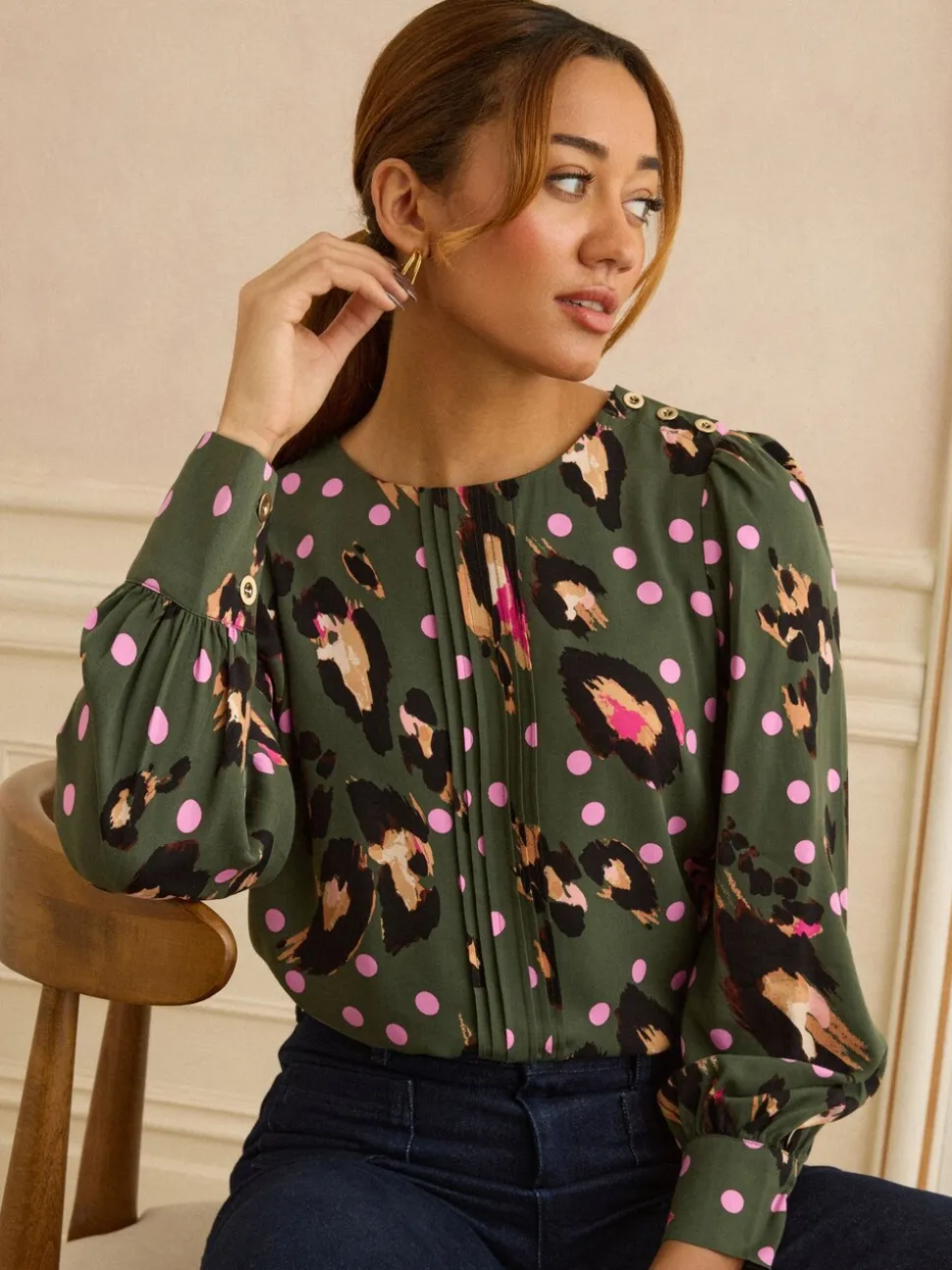 Love & Roses Khaki Green Animal Button Detail Pleated Crew Neck Blouse