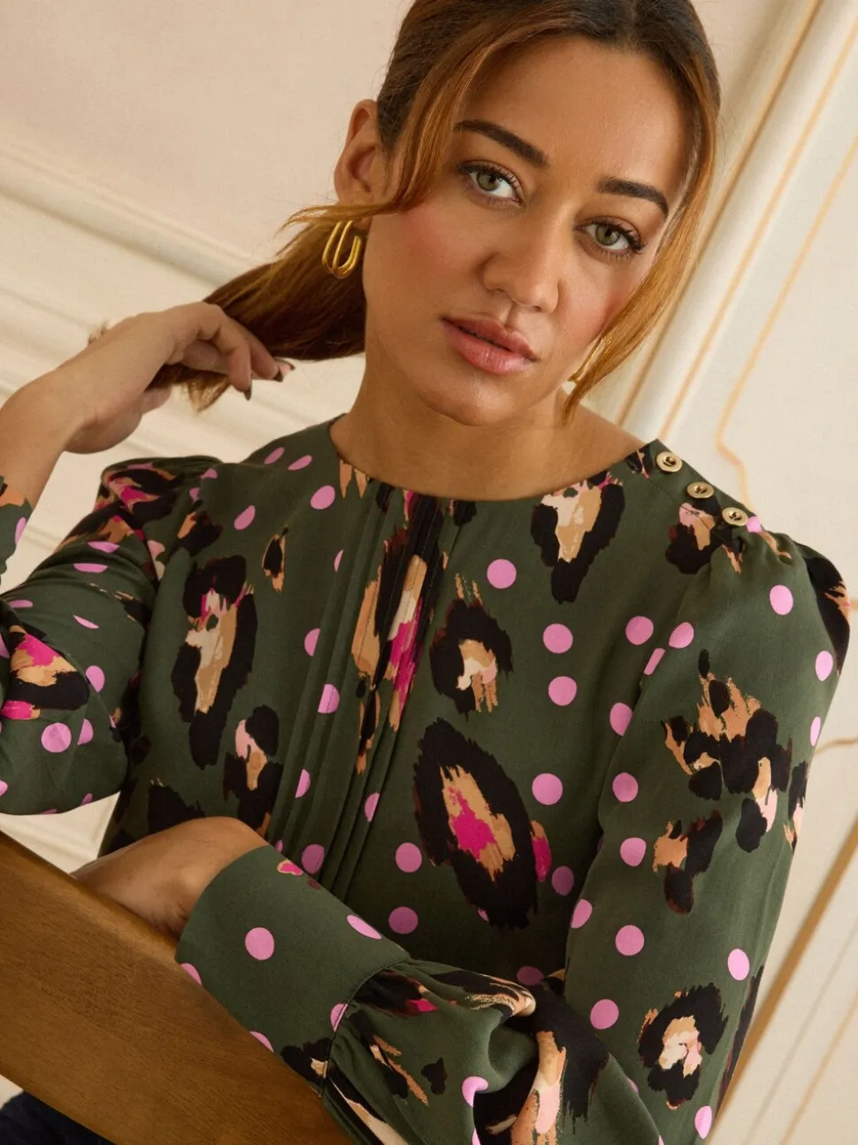 Love & Roses Khaki Green Animal Button Detail Pleated Crew Neck Blouse
