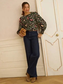 Love & Roses Khaki Green Animal Button Detail Pleated Crew Neck Blouse
