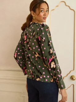 Love & Roses Khaki Green Animal Button Detail Pleated Crew Neck Blouse