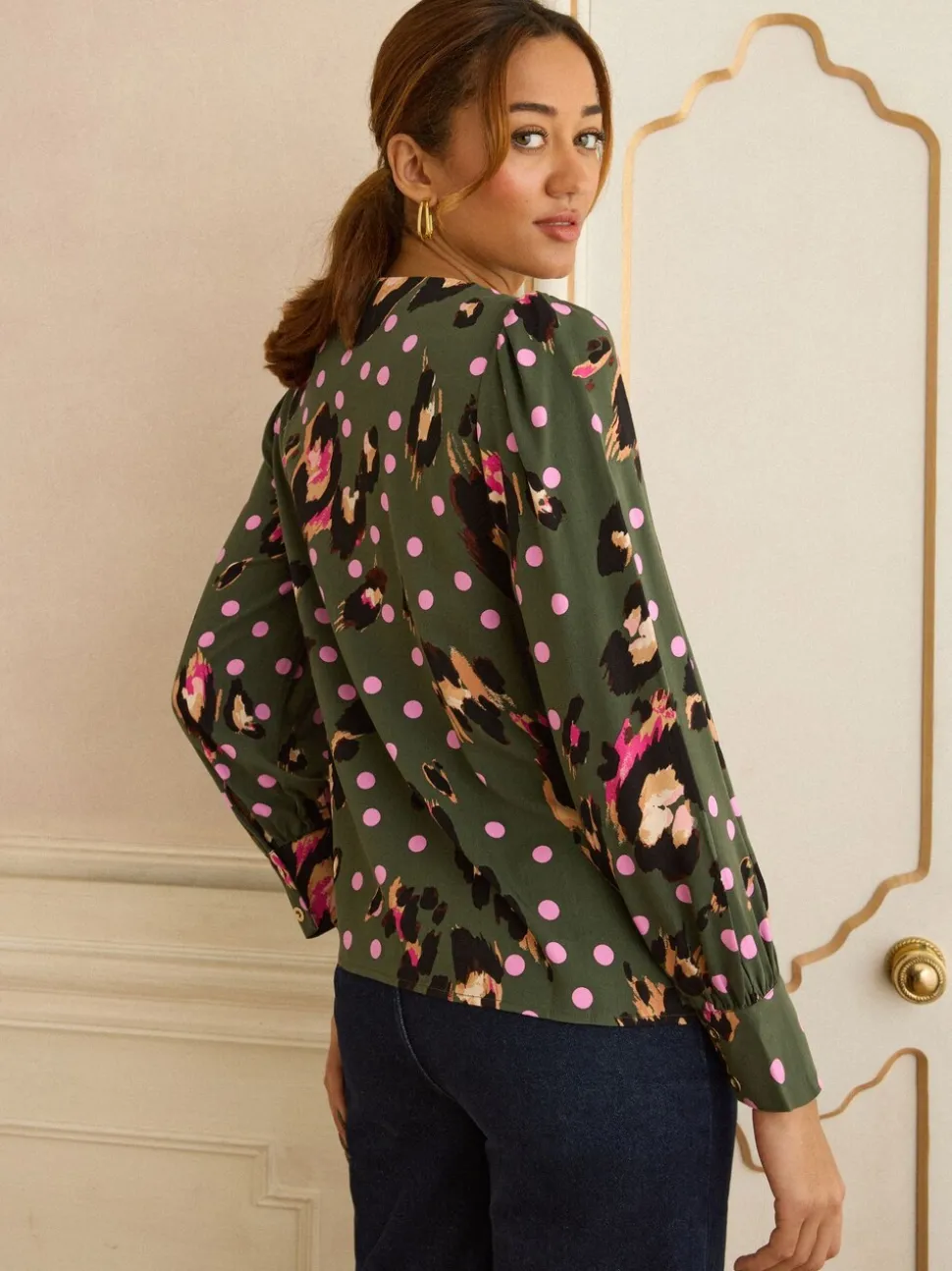 Love & Roses Khaki Green Animal Button Detail Pleated Crew Neck Blouse