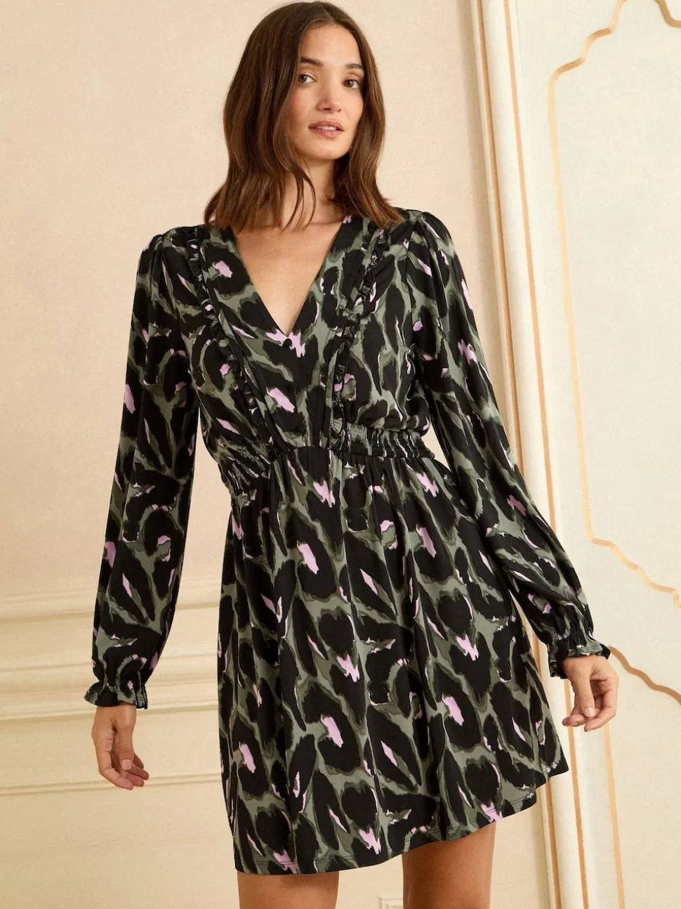 Love & Roses Khaki Green Animal Print V-Neck Mini Dress
