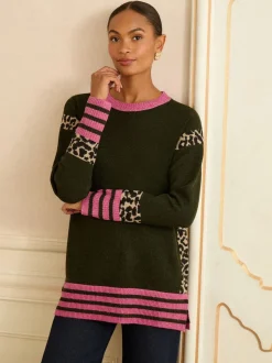 Love & Roses Khaki Green Animal Side Stripe Crew Neck Cosy Jumper