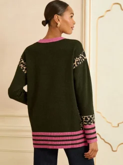 Love & Roses Khaki Green Animal Side Stripe Crew Neck Cosy Jumper