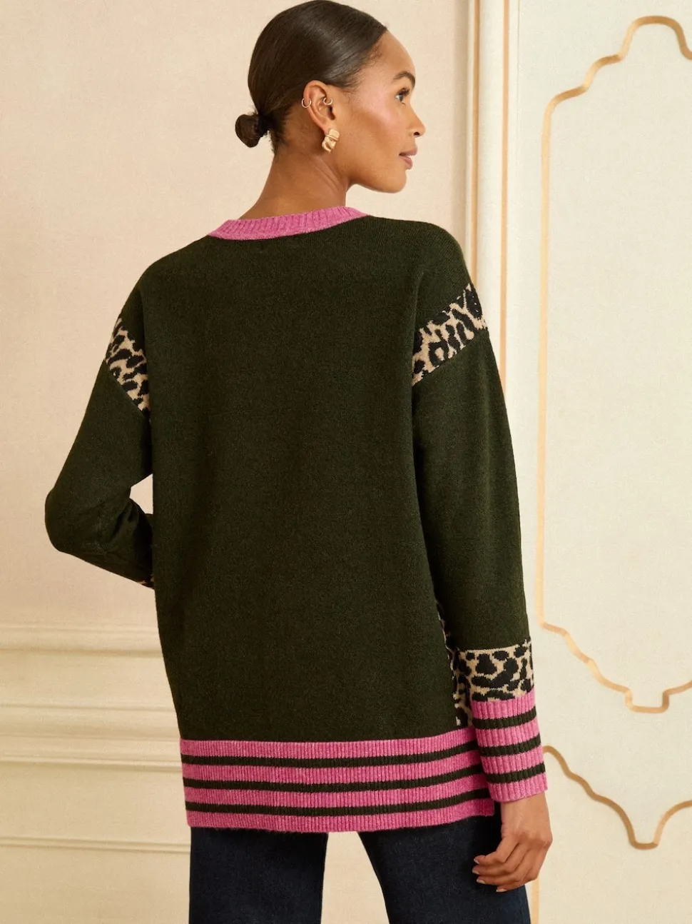 Love & Roses Khaki Green Animal Side Stripe Crew Neck Cosy Jumper