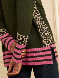 Love & Roses Khaki Green Animal Side Stripe Crew Neck Cosy Jumper