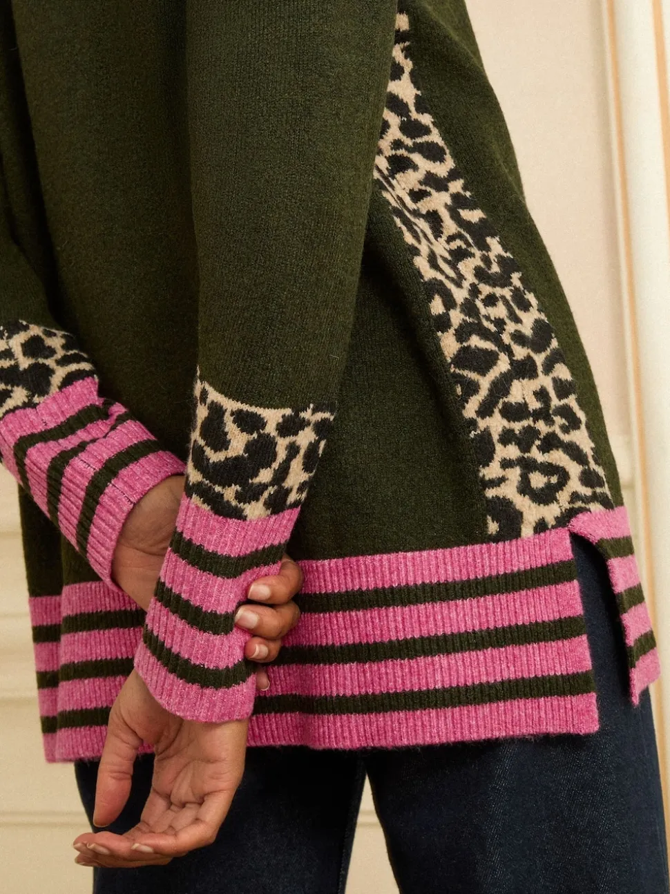 Love & Roses Khaki Green Animal Side Stripe Crew Neck Cosy Jumper