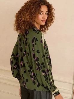Love & Roses Khaki Green Animal Crew Neck Long Sleeve Sequin Trim Blouse