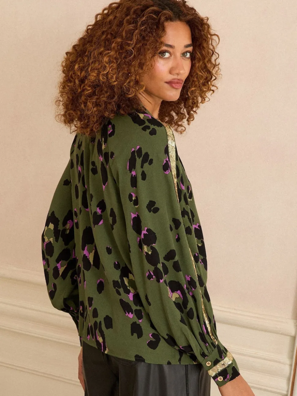 Love & Roses Khaki Green Animal Crew Neck Long Sleeve Sequin Trim Blouse