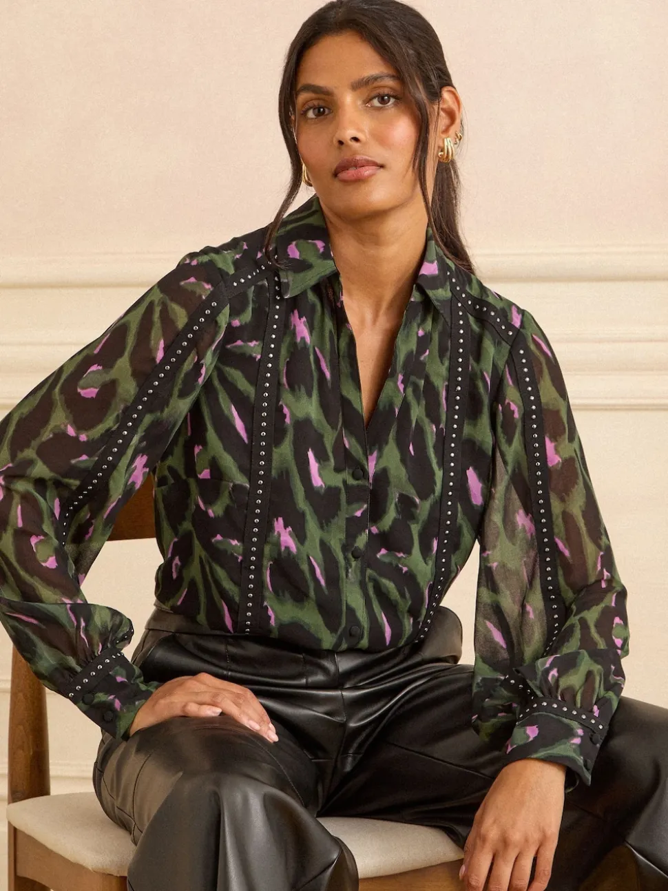 Love & Roses Khaki Green Button Through Long Sleeve Shirt