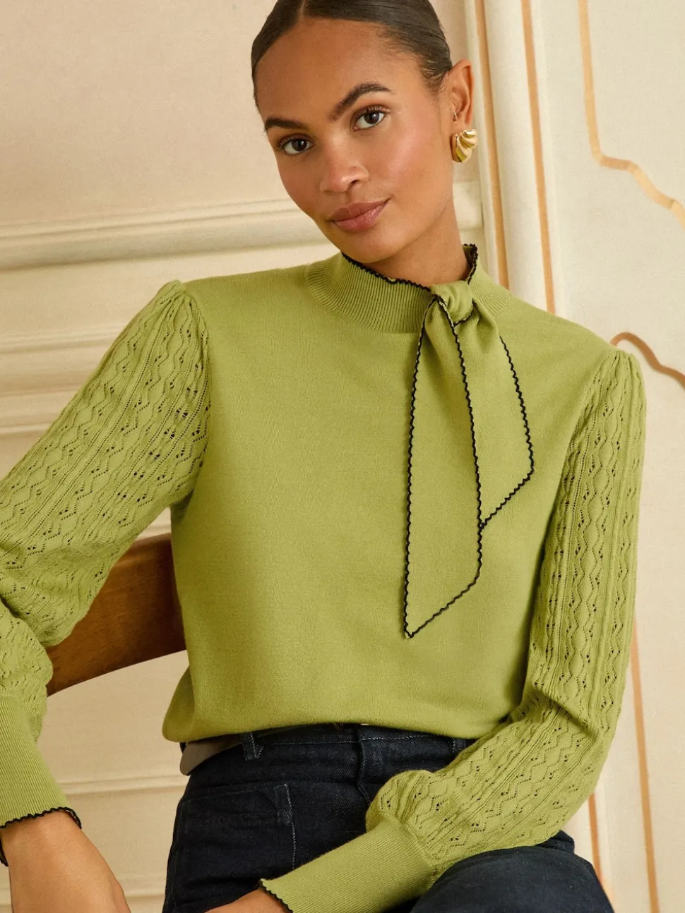 Love & Roses Lime Green Tie Neck Knitted Jumper