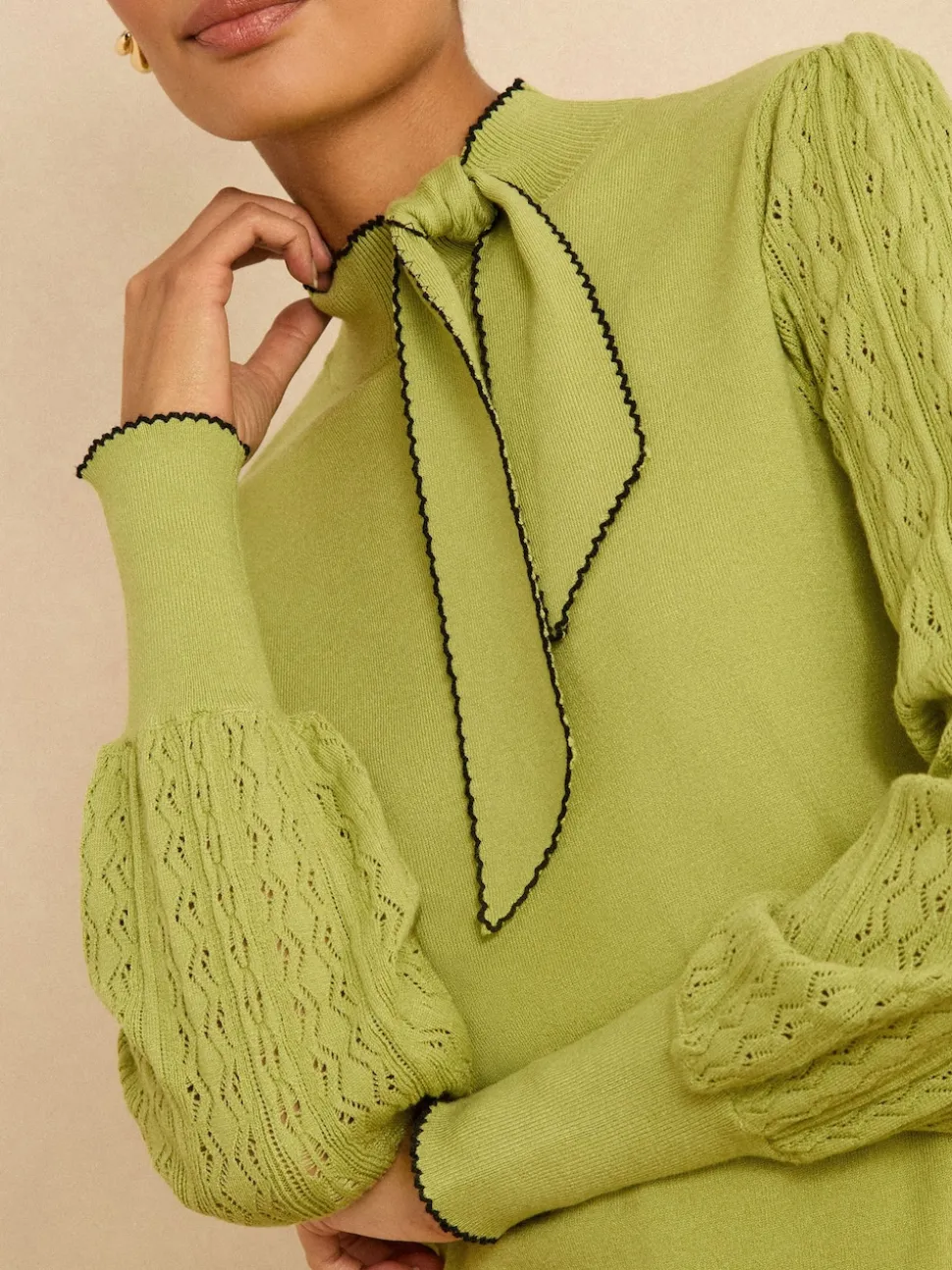 Love & Roses Lime Green Tie Neck Knitted Jumper