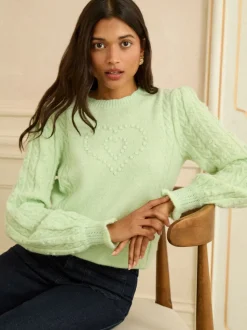 Love & Roses Mint Green Heart Bobble Stitch Cosy Knitted Jumper