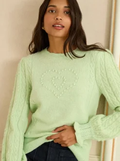 Love & Roses Mint Green Heart Bobble Stitch Cosy Knitted Jumper
