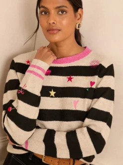 Love & Roses Mono Stripe Embroidered Stripe Embroidered Jumper