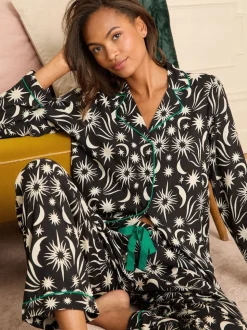 Love & Roses Moon Print Black/White Button Down Pyjamas Set