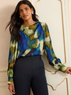 Love & Roses Multi Long Sleeve Satin Cowl Neck Blouse
