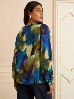 Love & Roses Multi Long Sleeve Satin Cowl Neck Blouse