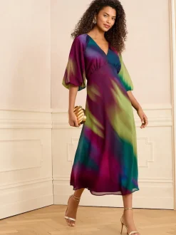 Love & Roses Multi Ombre Printed V-Neck Puff Sleeve Midi Dress