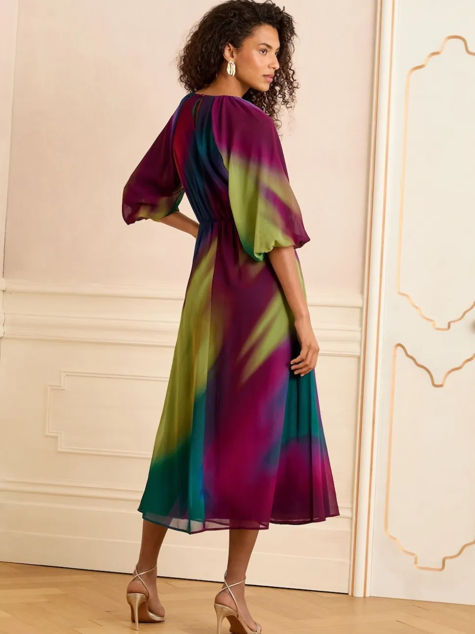 Love & Roses Multi Ombre Printed V-Neck Puff Sleeve Midi Dress