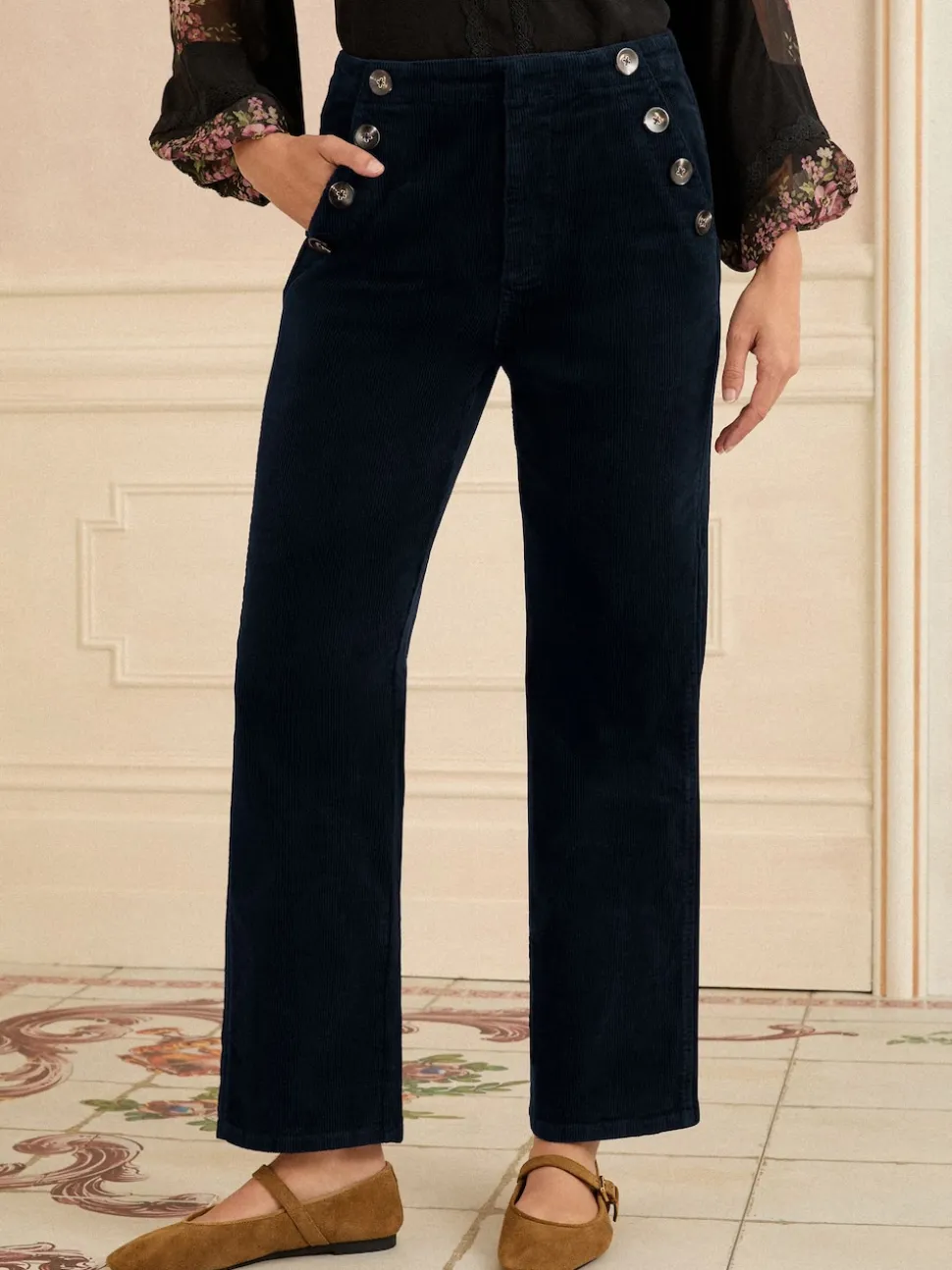 Love & Roses Navy Blue Corduroy Straight Trousers