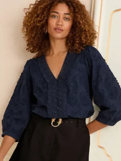 Love & Roses Navy Blue 3D Floral Print 3/4 Sleeve V-Neckline Blouse