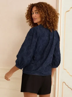 Love & Roses Navy Blue 3D Floral Print 3/4 Sleeve V-Neckline Blouse
