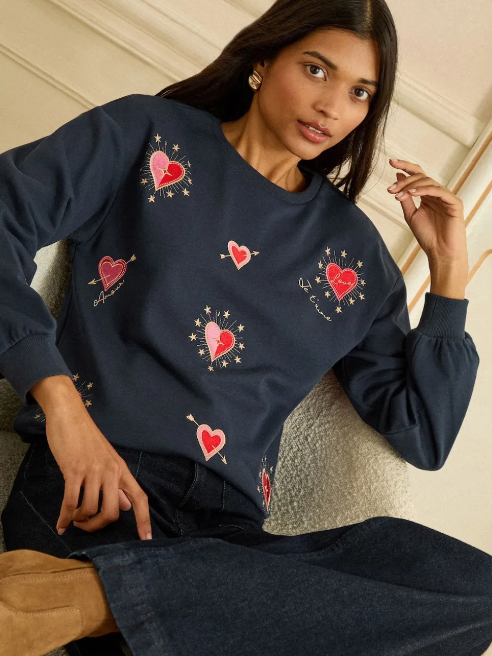 Love & Roses Navy Blue Heart Embroidery Crew Neck Jersey Sweatshirt