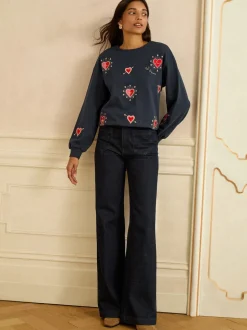 Love & Roses Navy Blue Heart Embroidery Crew Neck Jersey Sweatshirt