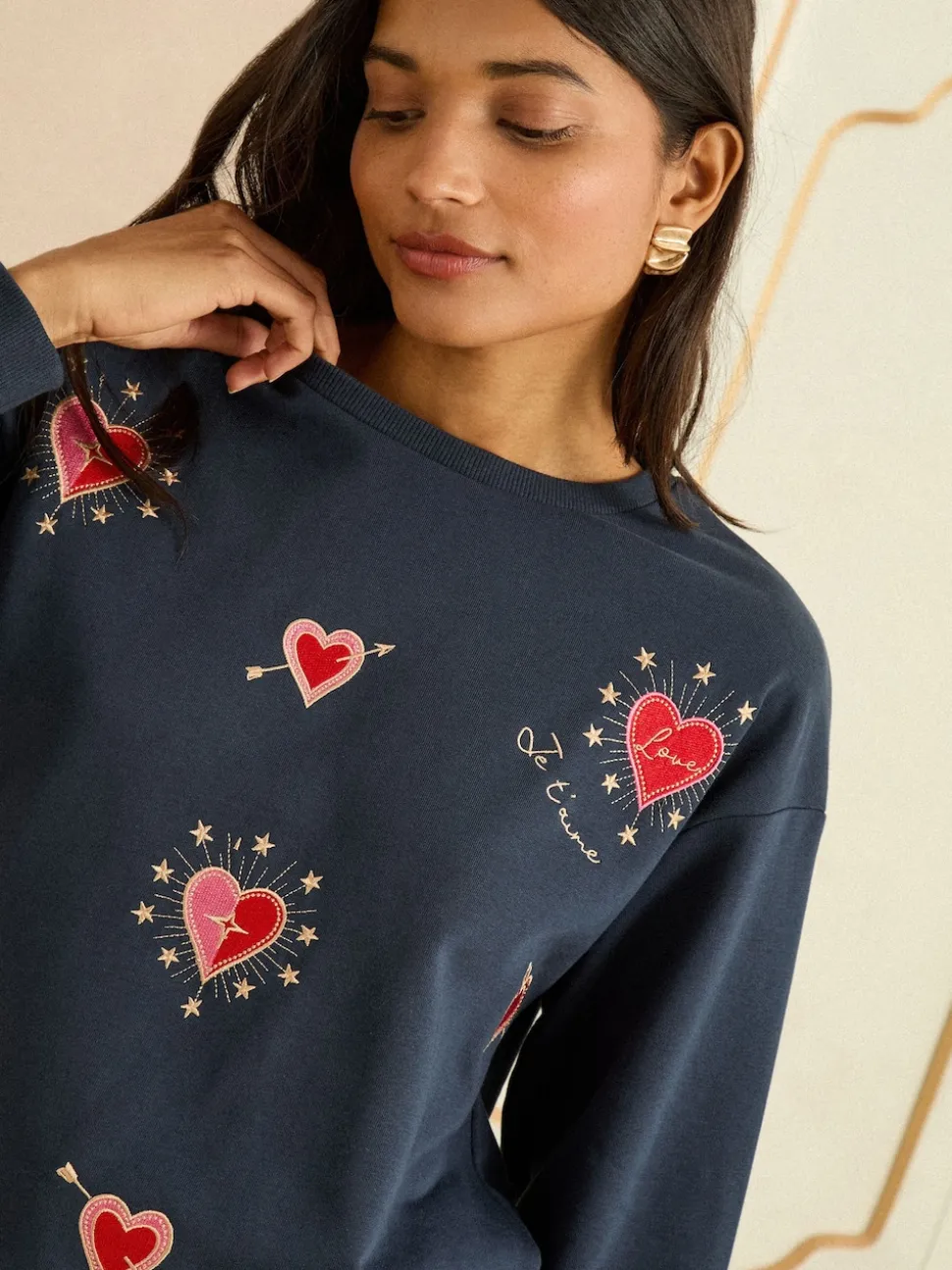 Love & Roses Navy Blue Heart Embroidery Crew Neck Jersey Sweatshirt