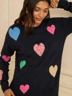 Love & Roses Navy Blue Multi Animal Heart Jumper