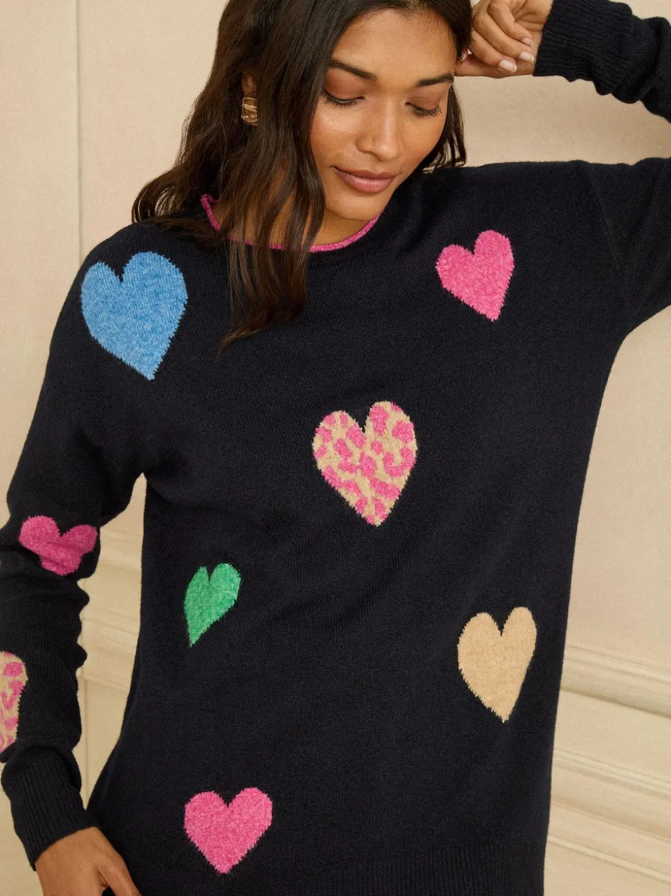 Love & Roses Navy Blue Multi Animal Heart Jumper