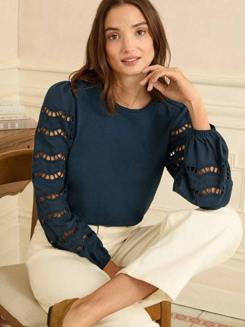 Love & Roses Navy Broderie Long Sleeve Top