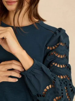Love & Roses Navy Broderie Long Sleeve Top