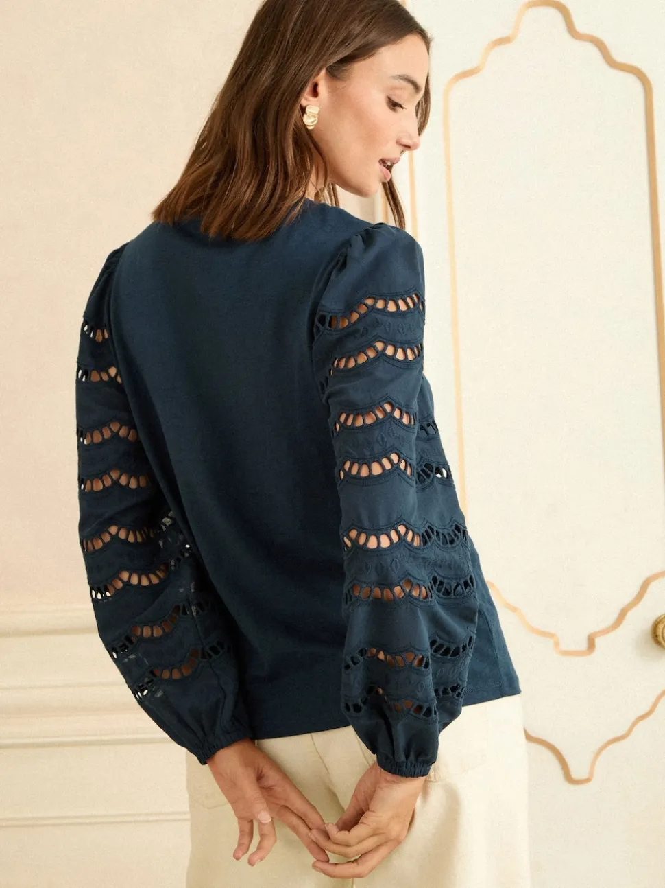 Love & Roses Navy Broderie Long Sleeve Top