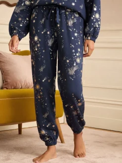 Love & Roses Navy Christmas Long Foil Detail Loungewear Bottoms