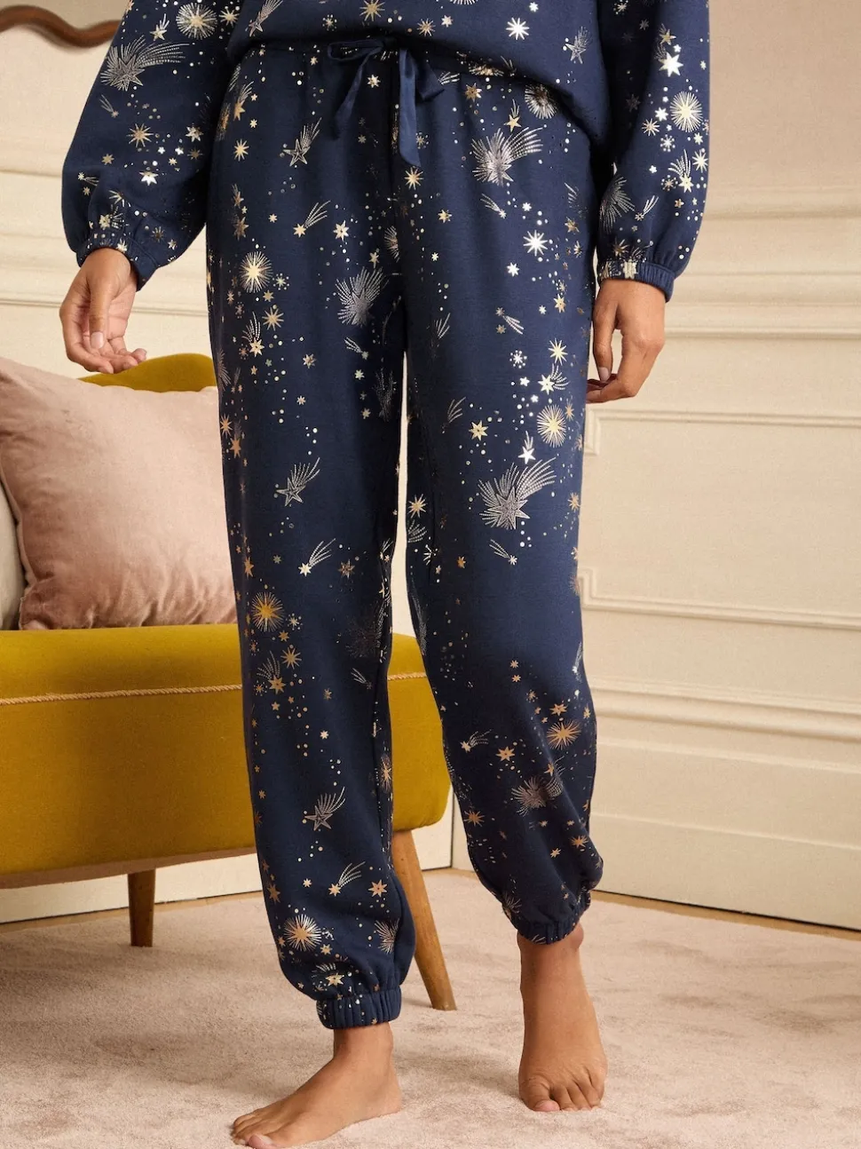 Love & Roses Navy Christmas Long Foil Detail Loungewear Bottoms
