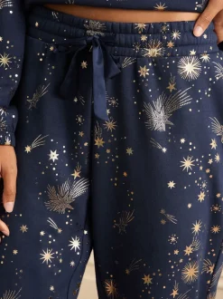 Love & Roses Navy Christmas Long Foil Detail Loungewear Bottoms